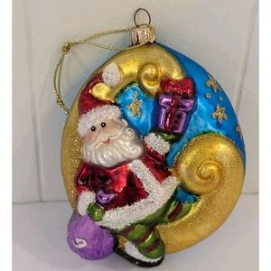Santa On Moon Whimsical Blown Glass Ornament Celestial 5" Summit Collection